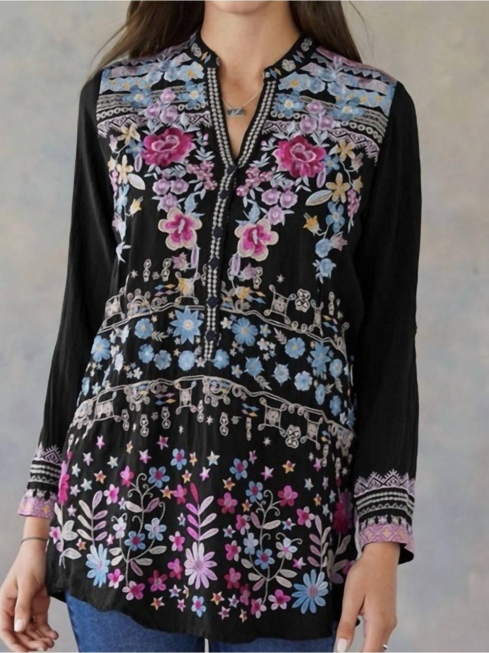 Johnny Was Bandit Embroidered Long Sleeved Tunic Blouse in Black Size Medium